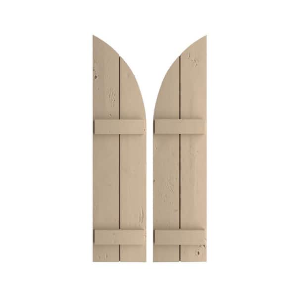 Ekena Millwork 11 in. x 38 in. Polyurethane Knotty Pine Two Board Joined Board-n-Batten Quarter Arch Top Shutters Primed Tan