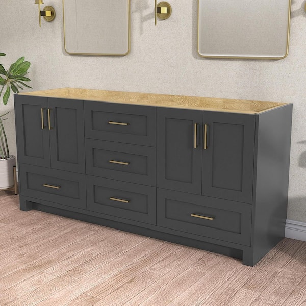 72 in. Solid Wood Bath Vanity Cabinet without Top Freestanding Bathroom Cabinet in Matte Gray Assembled
