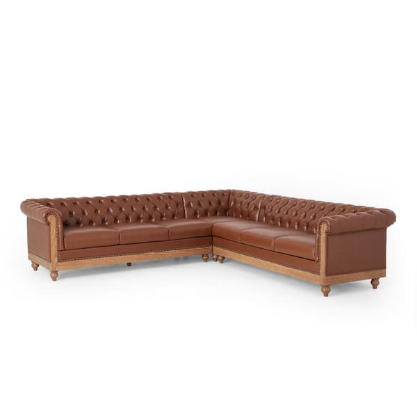 Noble House Glencoe 105 in. 3-Piece L-Shaped Faux Leather Sectional Sofa in Brown