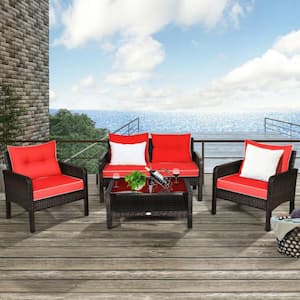 4-Piece Wicker Patio Conversation Set Rattan Sofa Set with Red Cushions and Coffee Table