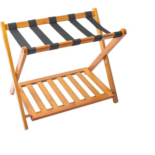 Fully Assembled Bamboo Luggage Rack with Shoe Shelf, Folding Suitcase Stand with 5 Heavy-Duty Straps, Honey Oak