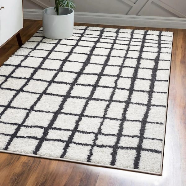 Arenal Geometric Grid Shag White/Black 8 ft. x 10 ft. Area Rug