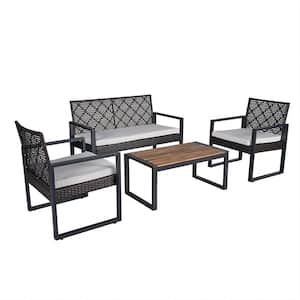 4-Piece Metal Outdoor Patio Deep Seating Set Couch with Beige Cushions and Acacia Coffee Table