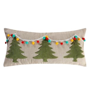 Let It Snow Multicolor Christmas Trees, Pom Pom Trim Applique 12 in. x 24 in. Throw Pillow