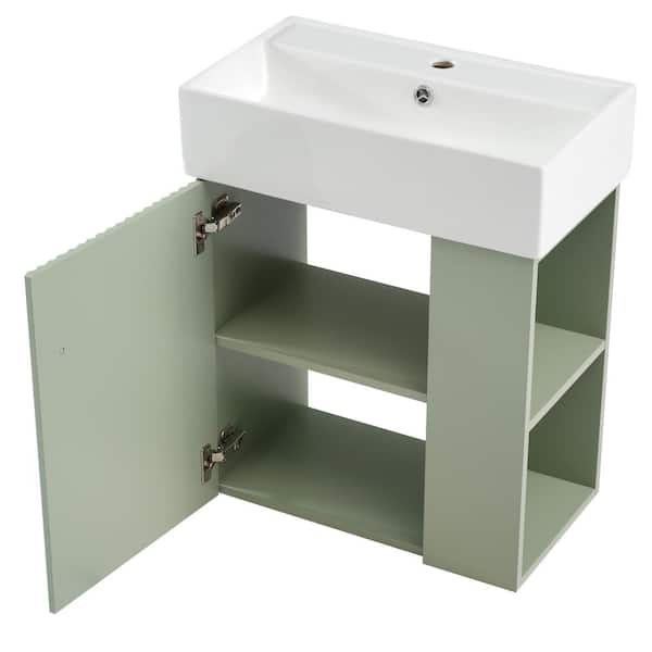 21.6 in. W Single Sink Floating Aquamarine Bath Vanity with White Ceramic Top and Right Side Storage
