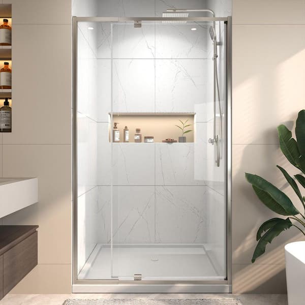 Vitrina 42 in. W x 71 in. H Pivot Swing Sliding Semi-Frameless Shower Door in Brushed Nickel Finish with Tempered Glass