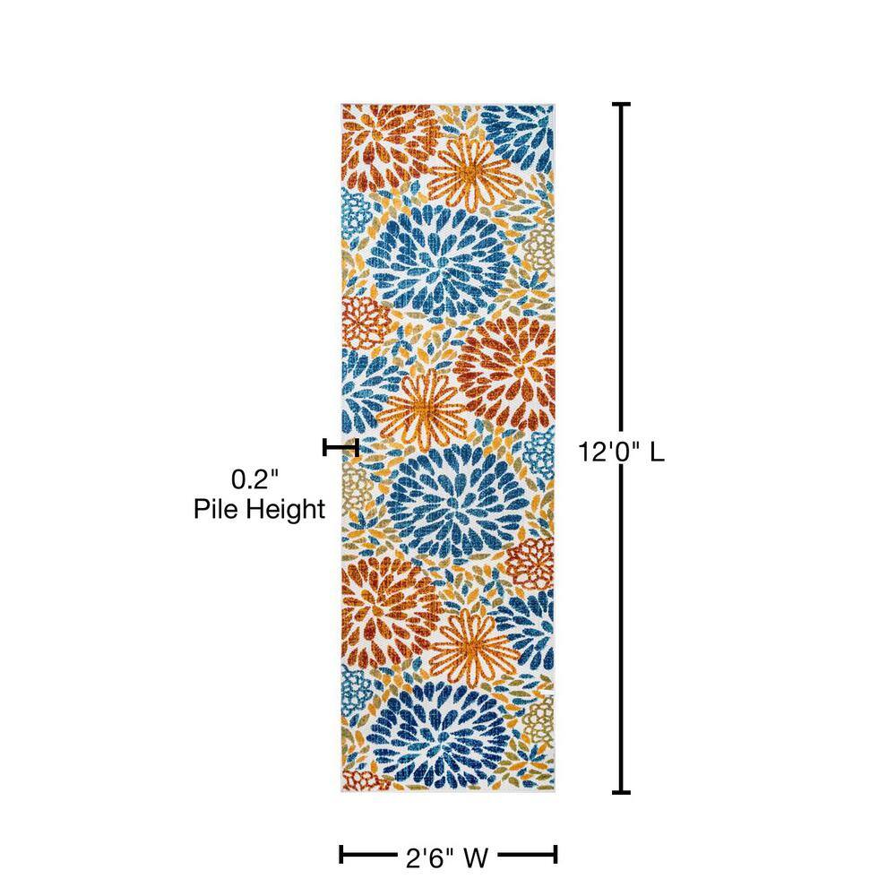 Blue Floral Synthetic Easy Care Runner Rug