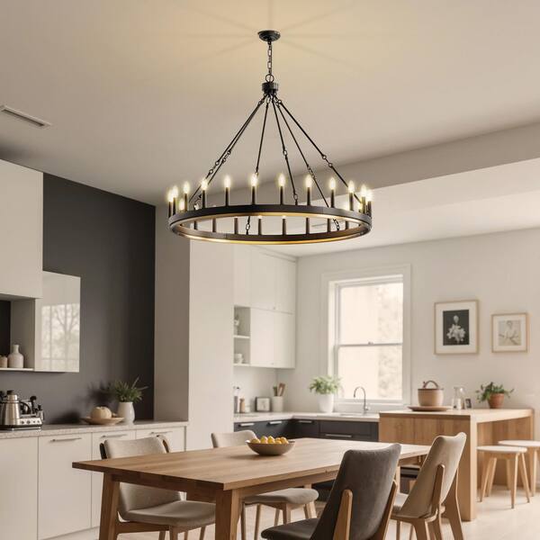 YANSUN 47 in. 24-Light Black Large Farmhouse Wagon Wheel
