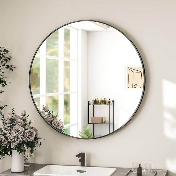 24 in. W x 24 in. H Round Metal Framed Wall Bathroom Vanity Mirror Black