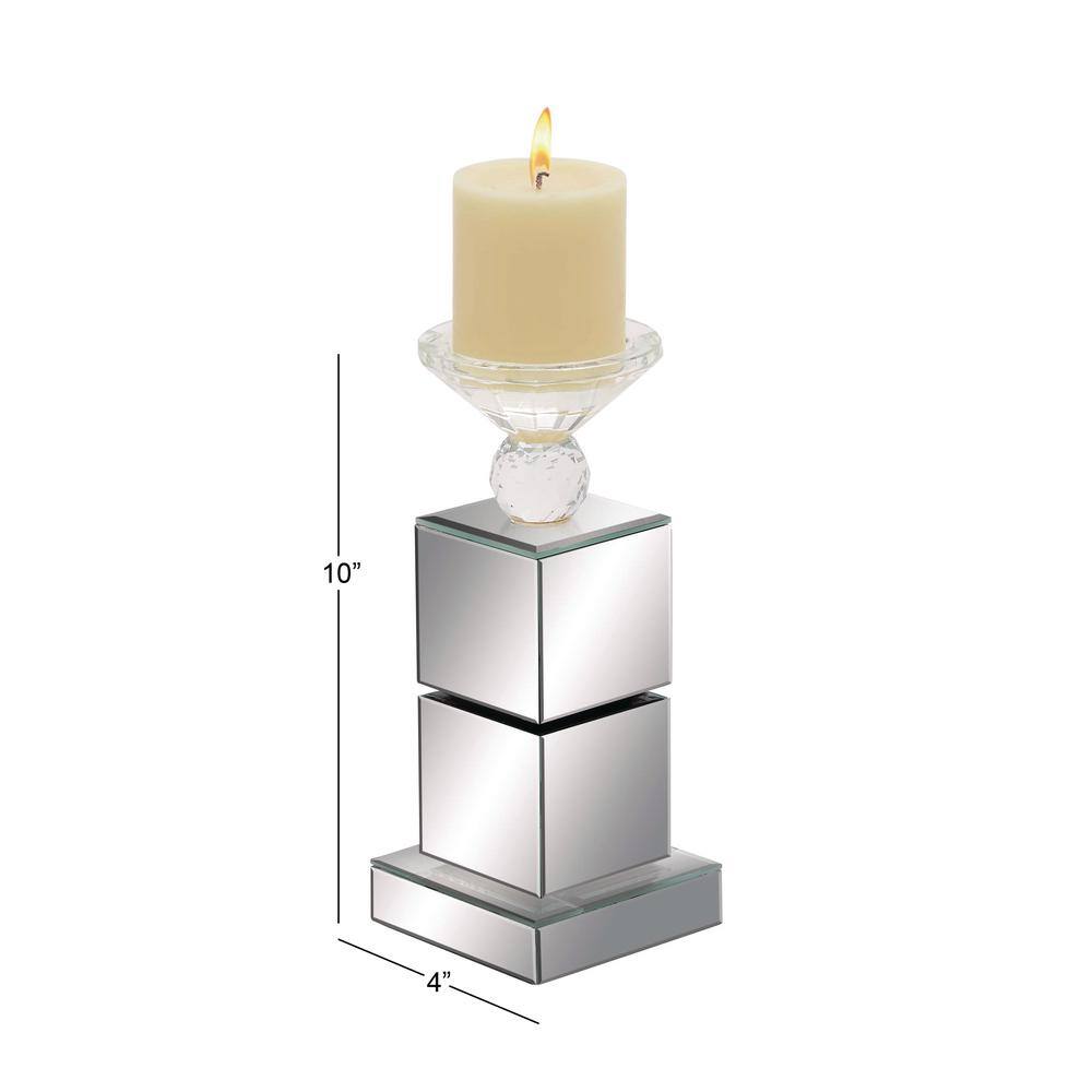 Silver Mirrored Glass and Wood Pillar Candle Holder