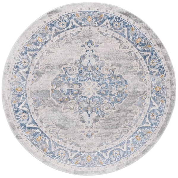 SAFAVIEH Palma 7 ft. x 7 ft. Gray/Blue Border Medallion Round Area Rug