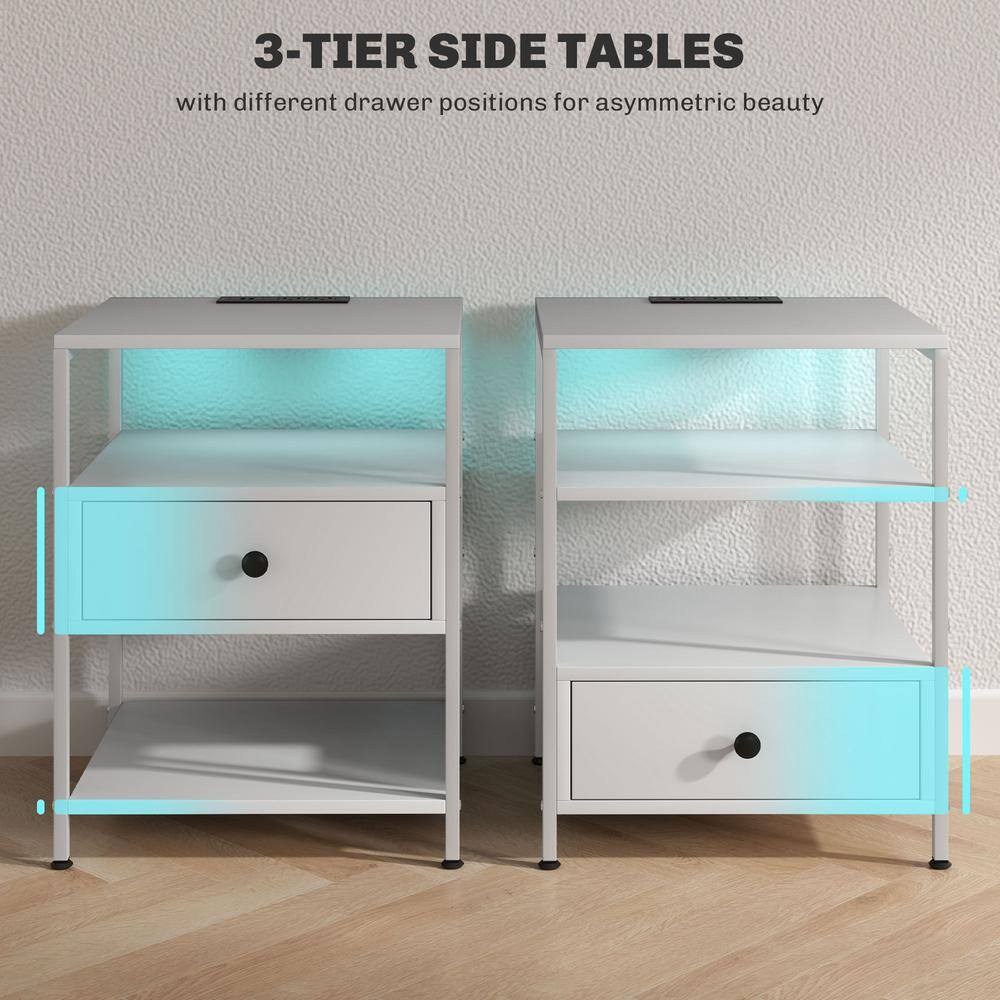 White Particleboard End Tables with Charging Stations and LED Lights