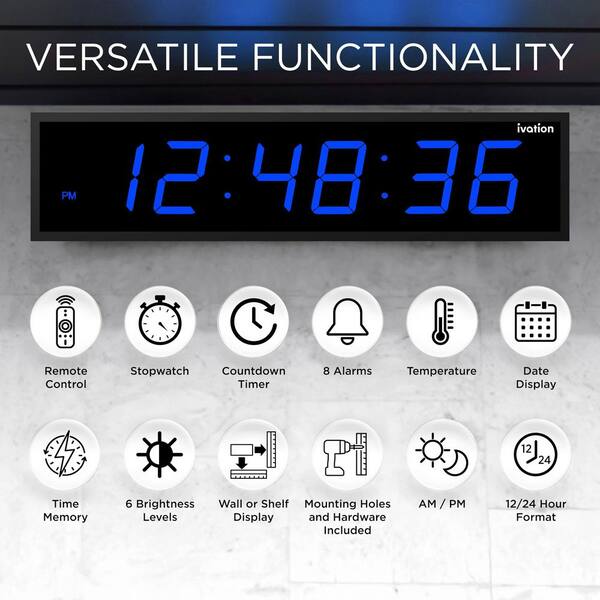 Ivation 72 in. Blue Large Digital Wall Clock, LED Wall Clock with