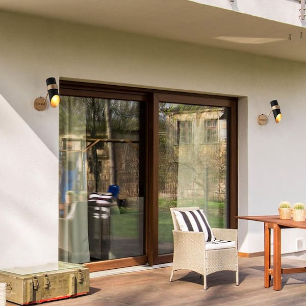 Modern 1-Light Matte Black and Gold Dusk to Dawn Outdoor Cylinder Sconce Wall Lantern with Metal Shade, LED Compatible