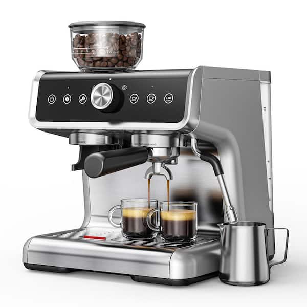 2-Cup Espresso Coffee Maker with Burr Grinder, 15-Bar Pump, PID Control, Touch Display and Milk Frother, Silver