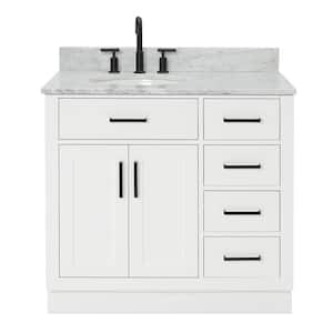 Hepburn 37 in. W x 22 in. D x 35.25 in. H Bath Vanity in White with White Carrara Marble Vanity Top with White Basin