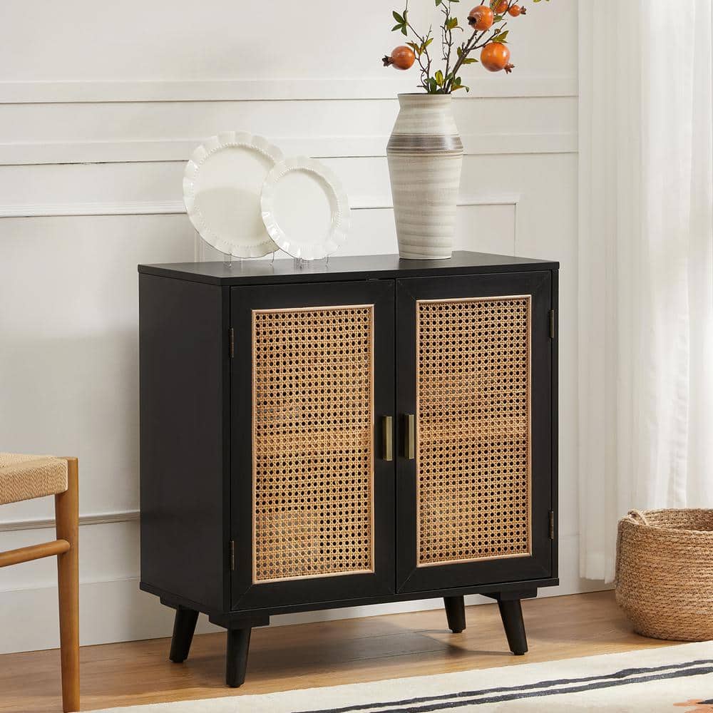 Black Medium Wood Accent Cabinet with Rattan Doors