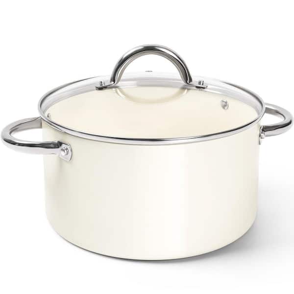 6 Quart Stock Pot Cream Ceramic Nonstick Aluminum Fast Heating Stainless Steel Handle Induction Compatible with Lid