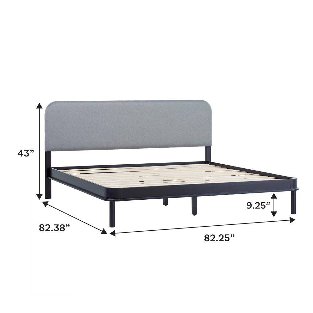 Contemporary Black Pine Wood King Bed with Gray Upholstered Headboard