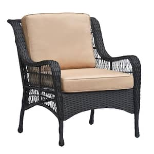 Black Metal Outdoor Garden Chair Rattan Lounge Chair with Khaki Cushion for Garden, Backyard, Balcony and Poolside