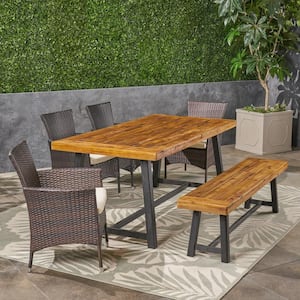 Boden Sandblast Teak Wood 6-Piece Wood and Multi-Brown Faux Rattan Outdoor Dining Set with Beige Cushions
