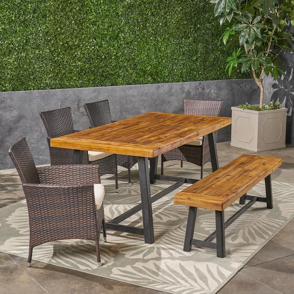Noble House Boden Sandblast Teak Wood 6-Piece Wood and Multi-Brown Faux Rattan Outdoor Dining Set with Beige Cushions