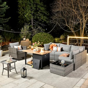 Sanibel Gray 8-Piece Wicker Patio Conversation Sofa Set with a Swivel Chair, a Storage Fire Pit and Dark Gray Cushions