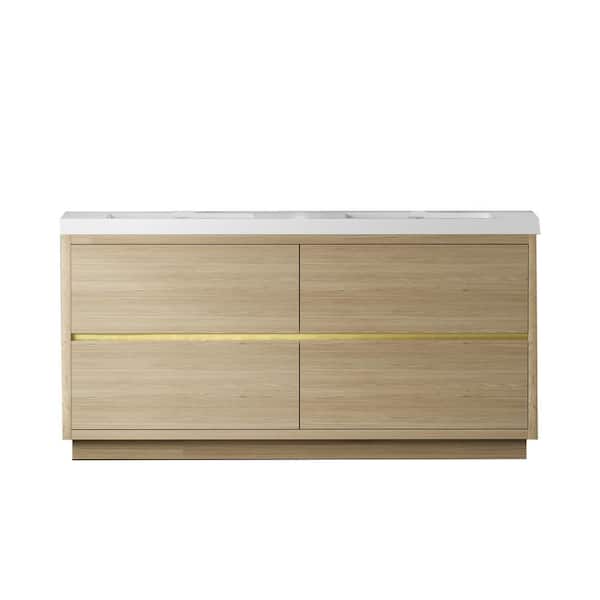 71 in. W x 20 in. D x 35 in. H Double Sink Freestanding Bath Vanity in Oak Natural Wood with White Solid Surface Top