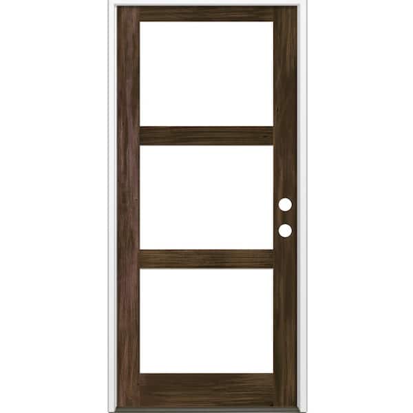42 in. x 96 in. Modern Hemlock Left-Hand/Inswing 3-Lite Clear Glass Black Stain Wood Prehung Front Door