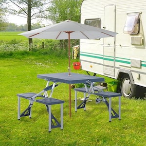 33.25 in. W Silver Folding Rectangle Aluminum Frame Picnic Tables Seats 4 People with Umbrella Hole and Seats