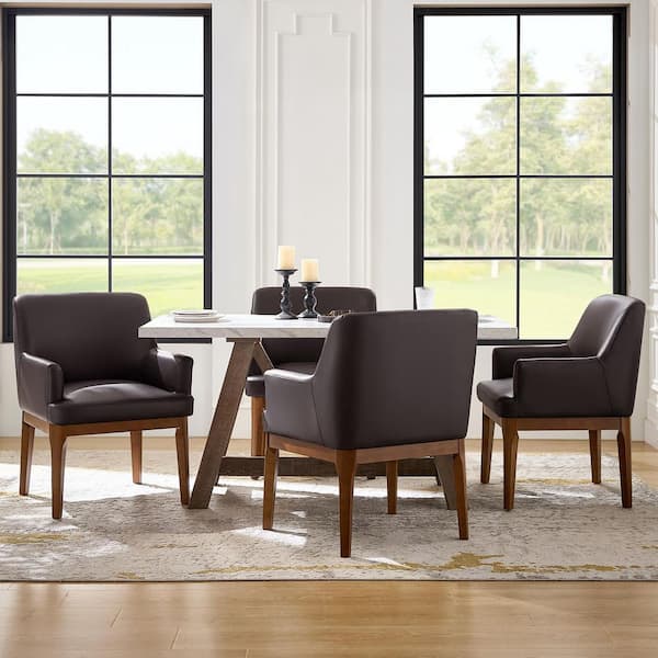 Theodore Brown Faux Leather Dining Chair with Solid Wood Legs(Set of 2)