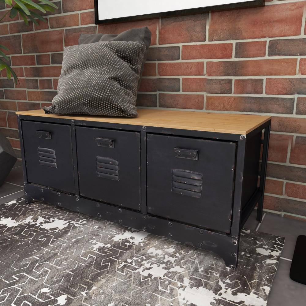 Industrial Charm Black and Cocoa Brown Storage Bench with 3 Drawers