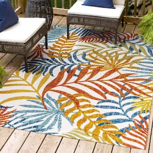 Tropics Palm Leaves Cream/Orange Indoor/Outdoor 3 ft. x 5 ft. Area Rug