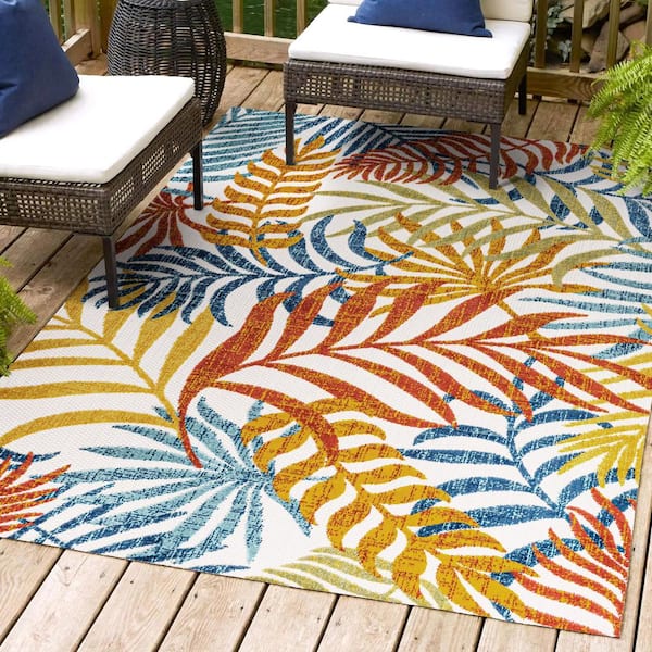 Tropics Palm Leaves Cream/Orange 4 ft. x 6 ft. Indoor/Outdoor Area Rug