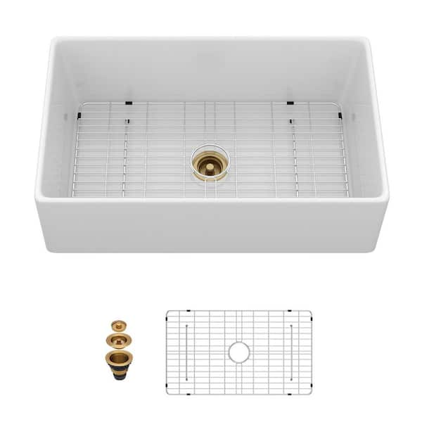 33 in. Apron Front Single Bowl White Porcelain Ceramic Kitchen Sink with Stainless Steel Grid and Drain Assembly