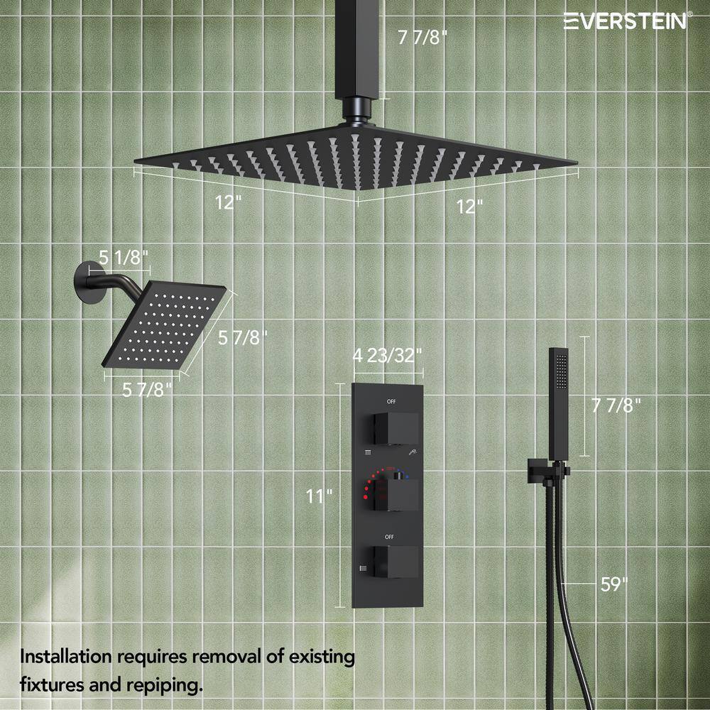 Matte Black 12" Ceiling Mounted Rainfall Shower System with Jets