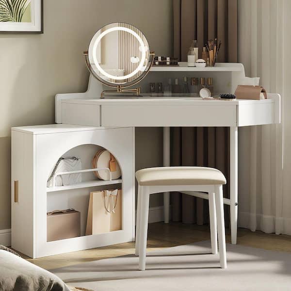 Qualler White Makeup Vanity Set with Stool and Adjustable Folding