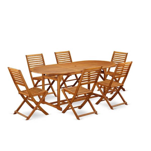 East West Furniture 7-Piece Natural Oak Finish Solid Wood Top Dining Table with 6 Chairs with Lattice Back