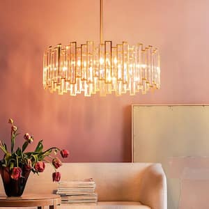 Klint 6-Light 23.6 in. Modern Glam Gold Drum Cylinder Crystal Chandelier for Dining Room with Crystal Shade