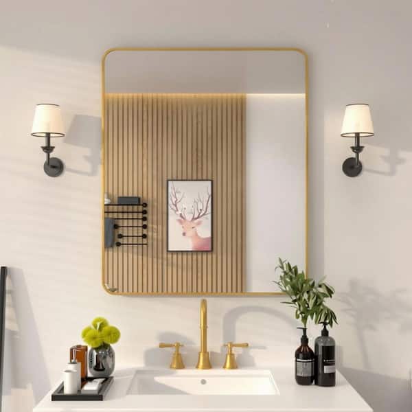 30 in. W x 36 in. H Rectangular Framed Wall Bathroom Vanity Mirror in Brass
