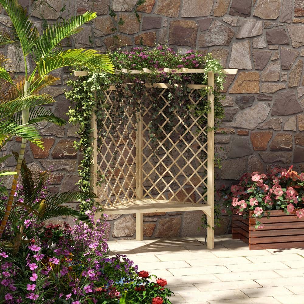 Natural Fir Wood Corner Trellis Garden Bench with Slatted Seat
