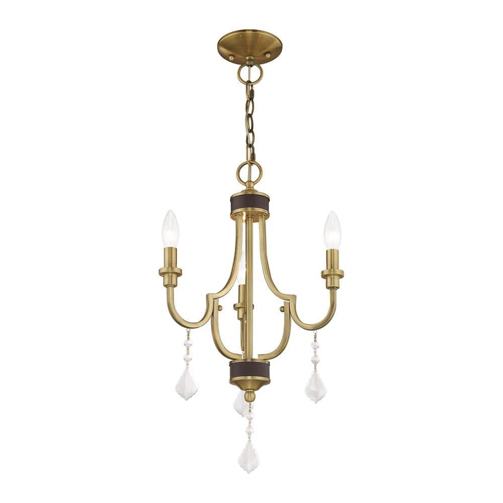 Antique Brass 3-Light Mini Chandelier with Clear Crystals