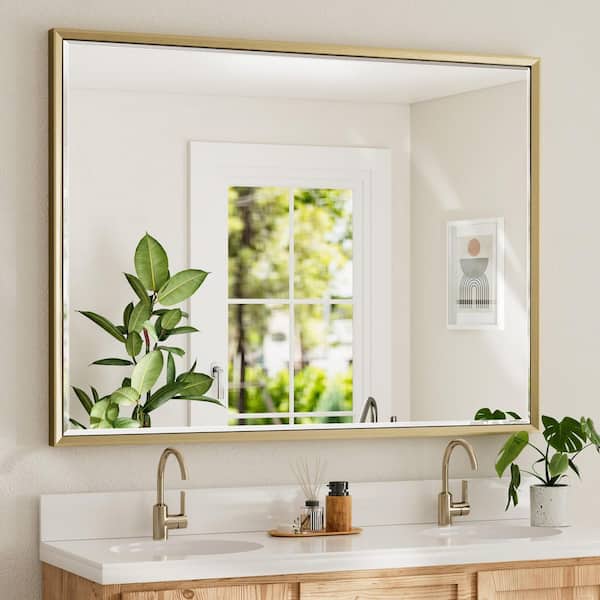 48 in. W x 36 in. H Aluminum Beveled Edge Rectangular Framed Bathroom Vanity Wall Mount Mirror in Gold