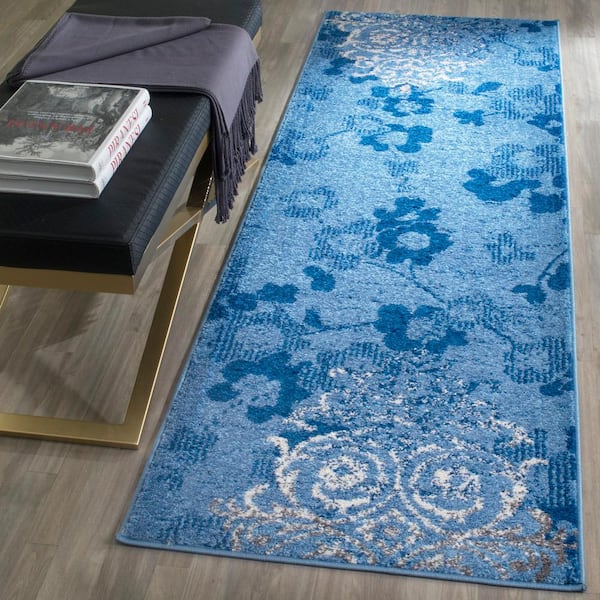 Adirondack Light Blue/Dark Blue 3 ft. x 6 ft. Floral Runner Rug