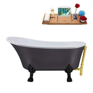 55 in. Acrylic Clawfoot Non-Whirlpool Bathtub in Matte Grey With Matte Black Clawfeet And Polished Gold Drain
