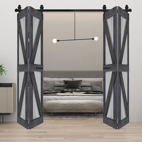 ISLIFE K Style 60 in. x 84 in. (15 in. x 84 in. x 4-Panel) French Gray/Carbon Gray Solid Core Wood Bi-Fold Door W/ Hardware Kit