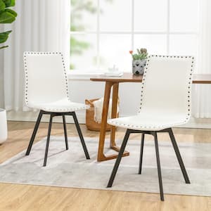 Studded White Natural Linen Swivel Dining Chairs with Black Legs (Set of 2)