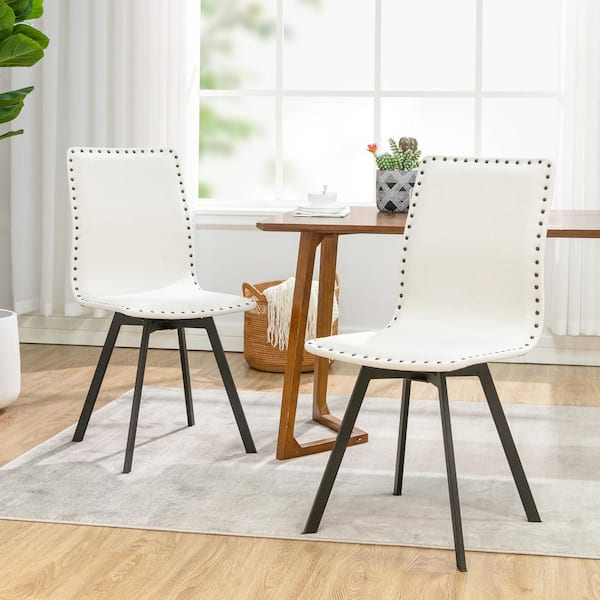 ACESSENTIALS Studded White Natural Linen Swivel Dining Chairs with Black Legs (Set of 2)