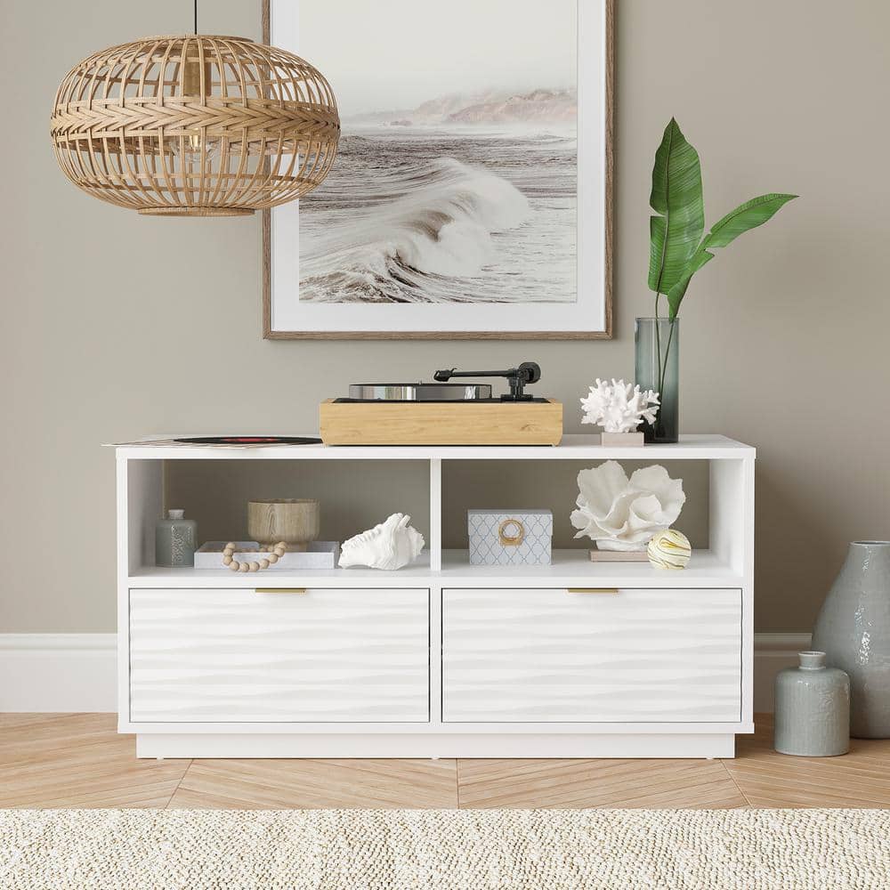 White Modern TV Stand with Drawers and Open Storage
