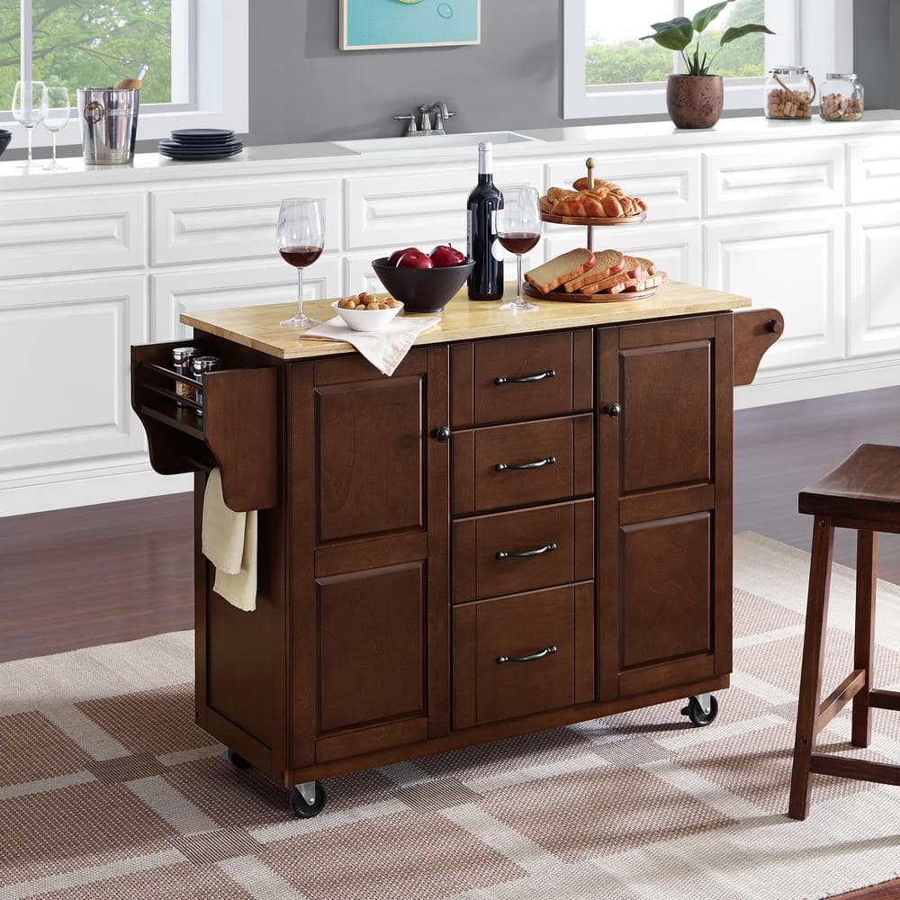 Eleanor 44" Mahogany Natural Wood Kitchen Cart with Spice Rack